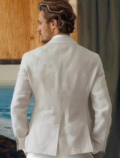 Best OUKU Men's 100% Linen Suits Outdoor Pocket Spring & Fall Solid Color Button Pocket Single Breasted Blazer White