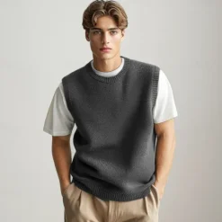 Online OUKU Men's 100% Merino Wool Crewneck Sweater Vest Solid Color Crew Neck Knitwear Elegant School Formal Clothing Apparel Spring Fall Black Navy Blue S M L