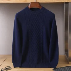Discount OUKU Men's 100% Merino Wool Jacquard Sweater Knit Jacquard Solid Color Crew Neck Knitwear Elegant Christmas Christmas Gifts Clothing Apparel Fall Winter Navy Blue Royal Blue S M L
