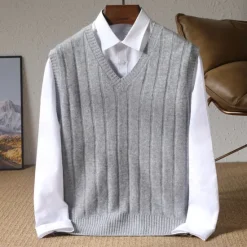 Discount OUKU Men's 100% Merino Wool Pullover Sweater Vest Knit Vertical Stripes V Neck Knitwear Elegant Outdoor Home Clothing Apparel Fall Winter Black Orange S M L
