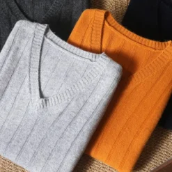 Discount OUKU Men's 100% Merino Wool Pullover Sweater Vest Knit Vertical Stripes V Neck Knitwear Elegant Outdoor Home Clothing Apparel Fall Winter Black Orange S M L
