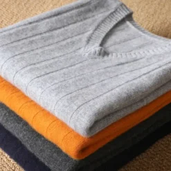 Discount OUKU Men's 100% Merino Wool Pullover Sweater Vest Knit Vertical Stripes V Neck Knitwear Elegant Outdoor Home Clothing Apparel Fall Winter Black Orange S M L