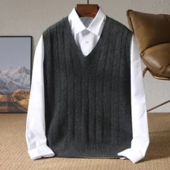 Discount OUKU Men's 100% Merino Wool Pullover Sweater Vest Knit Vertical Stripes V Neck Knitwear Elegant Outdoor Home Clothing Apparel Fall Winter Black Orange S M L