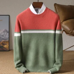 OUKU Men's 100% Merino Wool Pullover Sweater Jumper Knit Color Block Crew Neck Knitwear Elegant Christmas Outdoor Clothing Apparel Fall Winter Black Red S M L