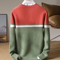 OUKU Men's 100% Merino Wool Pullover Sweater Jumper Knit Color Block Crew Neck Knitwear Elegant Christmas Outdoor Clothing Apparel Fall Winter Black Red S M L