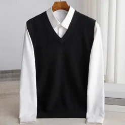 New OUKU Men's 100% Merino Wool Sweater Vest Knit Solid Color V Neck Knitwear Elegant Outdoor Home Clothing Apparel Spring Fall Wine Red Black S M L