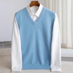 New OUKU Men's 100% Merino Wool Sweater Vest Knit Solid Color V Neck Knitwear Elegant Outdoor Home Clothing Apparel Spring Fall Wine Red Black S M L