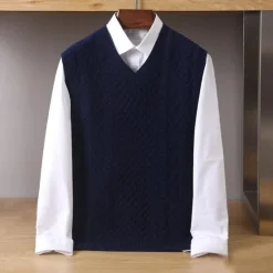 Discount OUKU Men's 100% Merino Wool Sweater Vest Cable Knit V Neck Solid Color V Neck Knitwear Elegant School Formal Clothing Apparel Spring Fall Navy Blue Light Grey S M L