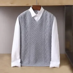 Discount OUKU Men's 100% Merino Wool Sweater Vest Cable Knit V Neck Solid Color V Neck Knitwear Elegant School Formal Clothing Apparel Spring Fall Navy Blue Light Grey S M L