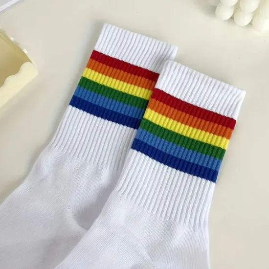 Online OUKU Men's 5 Pack Multi Packs Socks Crew Socks Running Socks Casual Socks White Red Color Rainbow Sports & Outdoor Daily Vacation Basic Medium Spring Fall Fashion Casual