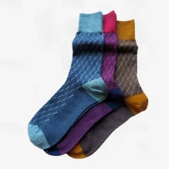 Sale OUKU Men's 1 Pair Socks Red Color Plaid Plaid Checkered Geometry Formal Wedding Anniversary Thin Spring & Fall Knitwear Elegant Yellow