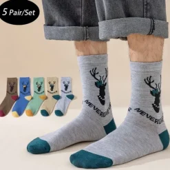 OUKU Men's 5 Pairs Multi Packs Socks Crew Socks Casual Socks Christmas Socks Color Reindeer Christmas Daily Vacation Medium Spring Fall Fashion Casual Rainbow