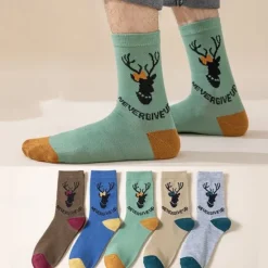 OUKU Men's 5 Pairs Multi Packs Socks Crew Socks Casual Socks Christmas Socks Color Reindeer Christmas Daily Vacation Medium Spring Fall Fashion Casual Rainbow