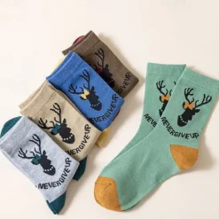 OUKU Men's 5 Pairs Multi Packs Socks Crew Socks Casual Socks Christmas Socks Color Reindeer Christmas Daily Vacation Medium Spring Fall Fashion Casual Rainbow