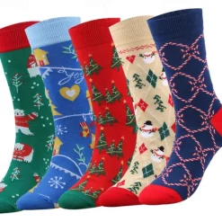 Sale OUKU Men's 5 Pairs Multi Packs Socks Crew Socks Casual Socks Christmas Socks Red Navy Blue Color Christmas Tree Christmas Daily Vacation Medium Fall Winter Fashion Casual