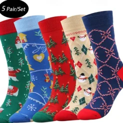 Sale OUKU Men's 5 Pairs Multi Packs Socks Crew Socks Casual Socks Christmas Socks Red Navy Blue Color Christmas Tree Christmas Daily Vacation Medium Fall Winter Fashion Casual