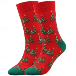 Sale OUKU Men's 5 Pairs Multi Packs Socks Crew Socks Casual Socks Christmas Socks Red Navy Blue Color Christmas Tree Christmas Daily Vacation Medium Fall Winter Fashion Casual