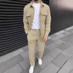 Online OUKU Men's 2 Piece Shirt Set Matching Sets Casual Shirt Corduroy Shirt Button Up Shirt Black Brown Green khaki Gray Long Sleeve Plain Collar Street Daily Clothing Apparel Fashion Casual