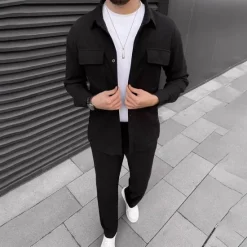Online OUKU Men's 2 Piece Shirt Set Matching Sets Casual Shirt Corduroy Shirt Button Up Shirt Black Brown Green khaki Gray Long Sleeve Plain Collar Street Daily Clothing Apparel Fashion Casual