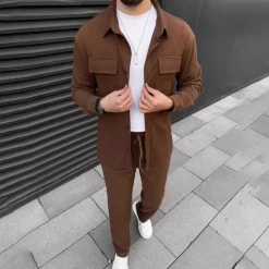 Online OUKU Men's 2 Piece Shirt Set Matching Sets Casual Shirt Corduroy Shirt Button Up Shirt Black Brown Green khaki Gray Long Sleeve Plain Collar Street Daily Clothing Apparel Fashion Casual
