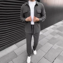 Online OUKU Men's 2 Piece Shirt Set Matching Sets Casual Shirt Corduroy Shirt Button Up Shirt Black Brown Green khaki Gray Long Sleeve Plain Collar Street Daily Clothing Apparel Fashion Casual