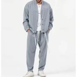 New OUKU Men's 2 Piece Shirt Set Matching Sets Casual Shirt Green Light Grey Gray Long Sleeve Plain Daily Going out Clothing Apparel Fashion Casual
