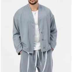 New OUKU Men's 2 Piece Shirt Set Matching Sets Casual Shirt Green Light Grey Gray Long Sleeve Plain Daily Going out Clothing Apparel Fashion Casual
