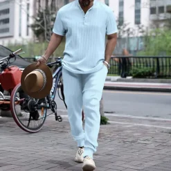 Hot OUKU Men's 2 Piece Shirt Set Matching Sets Casual Shirt Button Up Shirt Black White Royal Blue Blue khaki Short Sleeve Plain Band Collar Vacation Street Clothing Apparel Fashion Casual