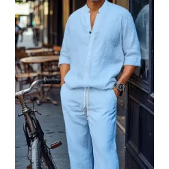 Clearance OUKU Men's 2 Piece Shirt Set Matching Sets Casual Shirt Plain Street Daily Black White Dark Gray Light Blue Long Sleeve Standing Collar Spring & Summer Clothing Apparel Front Pocket