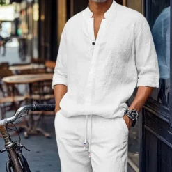 Clearance OUKU Men's 2 Piece Shirt Set Matching Sets Casual Shirt Plain Street Daily Black White Dark Gray Light Blue Long Sleeve Standing Collar Spring & Summer Clothing Apparel Front Pocket