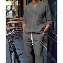 Clearance OUKU Men's 2 Piece Shirt Set Matching Sets Casual Shirt Plain Street Daily Black White Dark Gray Light Blue Long Sleeve Standing Collar Spring & Summer Clothing Apparel Front Pocket