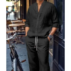 Clearance OUKU Men's 2 Piece Shirt Set Matching Sets Casual Shirt Plain Street Daily Black White Dark Gray Light Blue Long Sleeve Standing Collar Spring & Summer Clothing Apparel Front Pocket