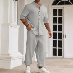 OUKU Men's 2 Piece Shirt Set Summer Set Matching Sets Casual Shirt Plain Vacation Daily Black Beige Gray Short Sleeve Collar Summer Clothing Apparel
