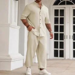 OUKU Men's 2 Piece Shirt Set Summer Set Matching Sets Casual Shirt Plain Vacation Daily Black Beige Gray Short Sleeve Collar Summer Clothing Apparel