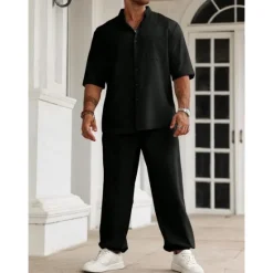 OUKU Men's 2 Piece Shirt Set Summer Set Matching Sets Casual Shirt Plain Vacation Daily Black Beige Gray Short Sleeve Collar Summer Clothing Apparel