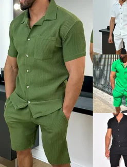 OUKU Men's 2 Piece Shirt Set Summer Shirt Button Up Shirt Casual Shirt Beach Shirt Black White Green Army Green Short Sleeve Plain Camp Collar Daily Vacation Front Pocket Clothing Apparel Fashion Casual