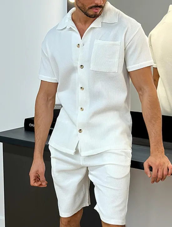 OUKU Men's 2 Piece Shirt Set Summer Shirt Button Up Shirt Casual Shirt Beach Shirt Black White Green Army Green Short Sleeve Plain Camp Collar Daily Vacation Front Pocket Clothing Apparel Fashion Casual