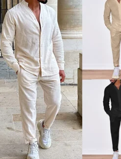 New OUKU Men's 2 Piece Shirt Set Summer Shirt Beach Shirt Black White Beige Long Sleeve Plain Stand Collar Spring & Summer Hawaiian Holiday Clothing Apparel Pocket