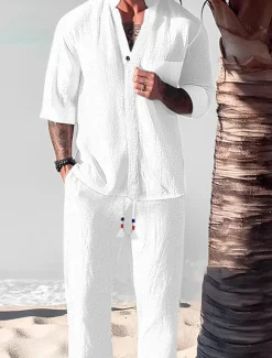 New OUKU Men's 2 Piece Shirt Set Summer Set Matching Sets Casual Shirt Black White Gray Light Blue Short Sleeve Plain Standing Collar Vacation Daily Front Pocket Clothing Apparel Cotton Cotton Blend Fashion