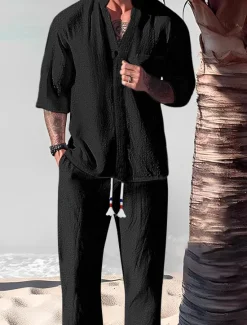 New OUKU Men's 2 Piece Shirt Set Summer Set Matching Sets Casual Shirt Black White Gray Light Blue Short Sleeve Plain Standing Collar Vacation Daily Front Pocket Clothing Apparel Cotton Cotton Blend Fashion