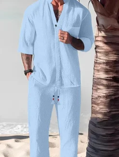 New OUKU Men's 2 Piece Shirt Set Summer Set Matching Sets Casual Shirt Black White Gray Light Blue Short Sleeve Plain Standing Collar Vacation Daily Front Pocket Clothing Apparel Cotton Cotton Blend Fashion