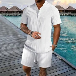 Clearance OUKU Men's 2 Piece Shirt Set Summer Set Matching Sets Casual Shirt Button Up Shirt Black White Royal Blue khaki Light Blue Short Sleeve Plain Collar Vacation Daily Clothing Apparel Fashion Casual