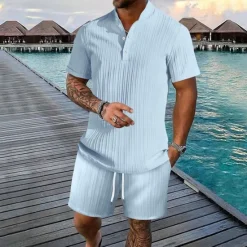 Clearance OUKU Men's 2 Piece Shirt Set Summer Set Matching Sets Casual Shirt Button Up Shirt Black White Royal Blue khaki Light Blue Short Sleeve Plain Collar Vacation Daily Clothing Apparel Fashion Casual