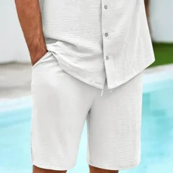 OUKU Men's 2 Piece Shirt Set Summer Set Matching Sets Casual Shirt Button Up Shirt Black White Blue Green Short Sleeve Plain Collar Vacation Daily Clothing Apparel Fashion Casual Comfortable