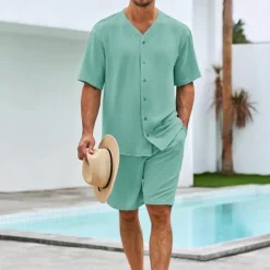 OUKU Men's 2 Piece Shirt Set Summer Set Matching Sets Casual Shirt Button Up Shirt Black White Blue Green Short Sleeve Plain Collar Vacation Daily Clothing Apparel Fashion Casual Comfortable