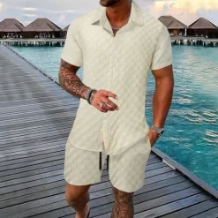 Outlet OUKU Men's 2 Piece Shirt Set Summer Set Matching Sets Casual Shirt Button Up Shirt Black White Light Green Blue Green Short Sleeve Plain Collar Vacation Daily Clothing Apparel Fashion Casual Comfortable