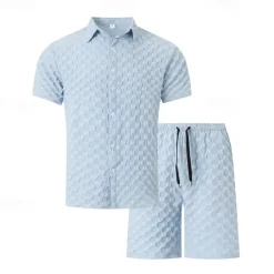 Outlet OUKU Men's 2 Piece Shirt Set Summer Set Matching Sets Casual Shirt Button Up Shirt Black White Light Green Blue Green Short Sleeve Plain Collar Vacation Daily Clothing Apparel Fashion Casual Comfortable