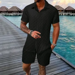 Outlet OUKU Men's 2 Piece Shirt Set Summer Set Matching Sets Casual Shirt Button Up Shirt Black White Light Green Blue Green Short Sleeve Plain Collar Vacation Daily Clothing Apparel Fashion Casual Comfortable