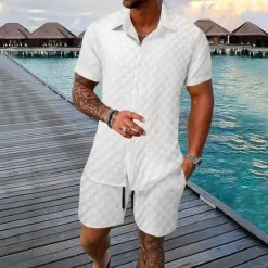 Outlet OUKU Men's 2 Piece Shirt Set Summer Set Matching Sets Casual Shirt Button Up Shirt Black White Light Green Blue Green Short Sleeve Plain Collar Vacation Daily Clothing Apparel Fashion Casual Comfortable