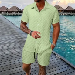 Outlet OUKU Men's 2 Piece Shirt Set Summer Set Matching Sets Casual Shirt Button Up Shirt Black White Light Green Blue Green Short Sleeve Plain Collar Vacation Daily Clothing Apparel Fashion Casual Comfortable